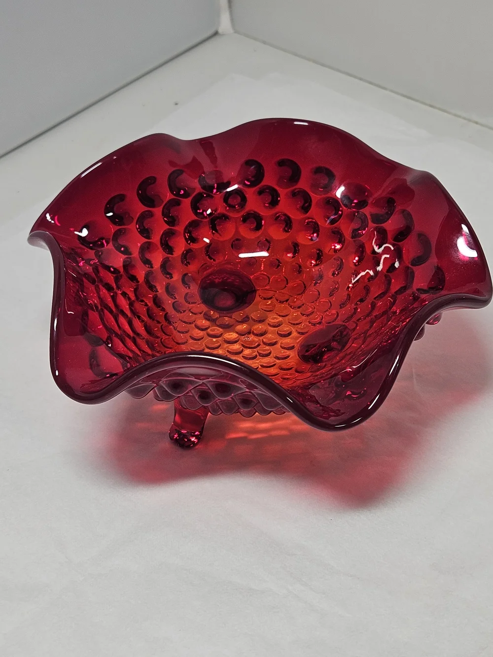 Vintage Viking Art Glass Ruby  Red Hobnail Ruffled Edge  Decorative Bowl Dish